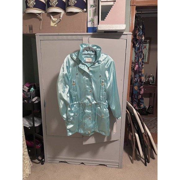 Vtg 1990 IVANA (Trump) Satin Parka Jacket Aqua Gold Crest Buttons Hooded L /XL - Picture 5 of 5